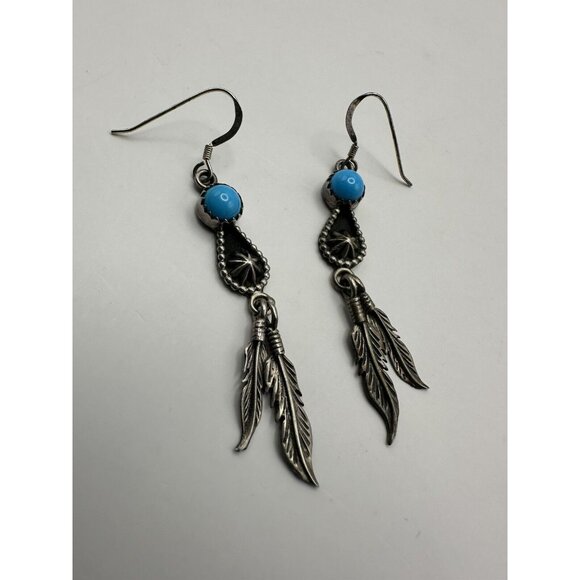 Running Bear Shop Native American 925 Sterling Silver Turquoise Feather Earrings - Picture 3 of 6